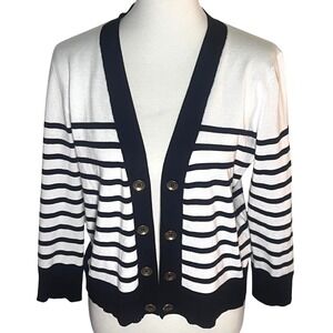 Black White Striped V-Neck Cardigan Gold Button Front 3/4 Sleeve Knit Sweater ML